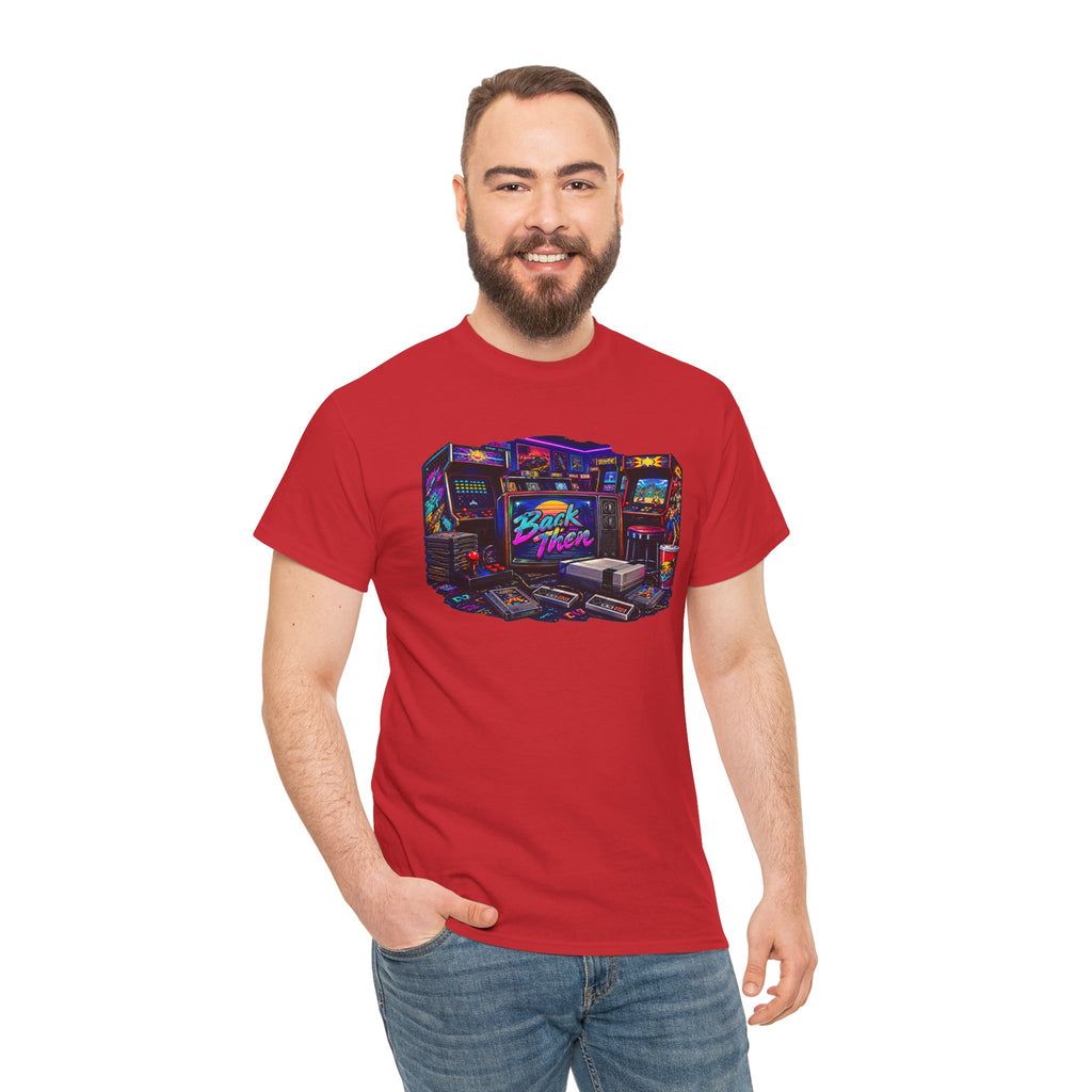 Retro Gaming Tee — Neon 'Back Then' Arcade Room Graphic Shirt