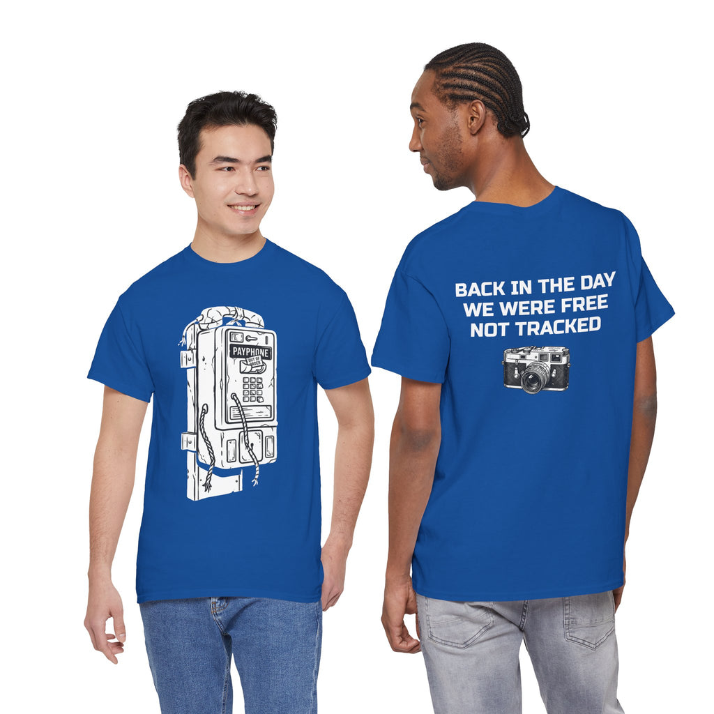 Retro Payphone T‑Shirt — "Back in the Day We Were Free Not Tracked" Vintage Camera Tee