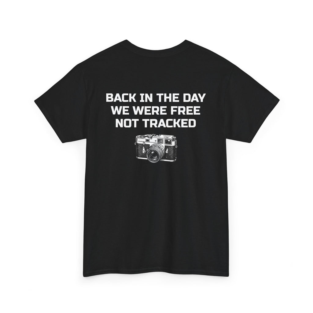 Retro Payphone T‑Shirt — "Back in the Day We Were Free Not Tracked" Vintage Camera Tee