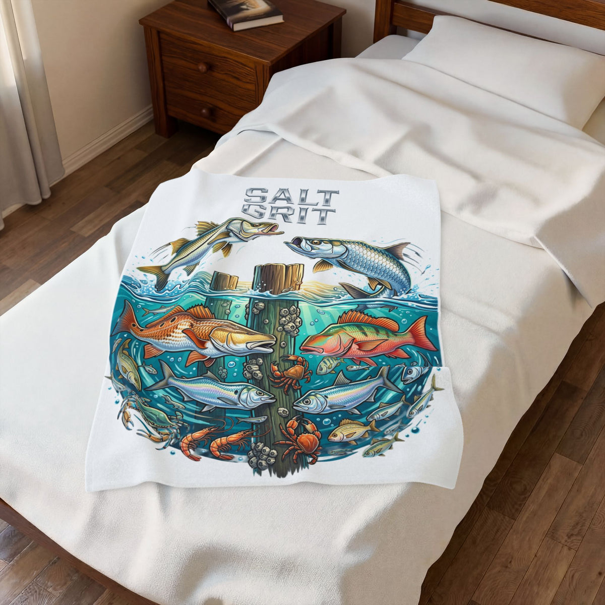 Salt Grit Fishing Plush Blanket - Coastal Fish Art Velveteen Throw