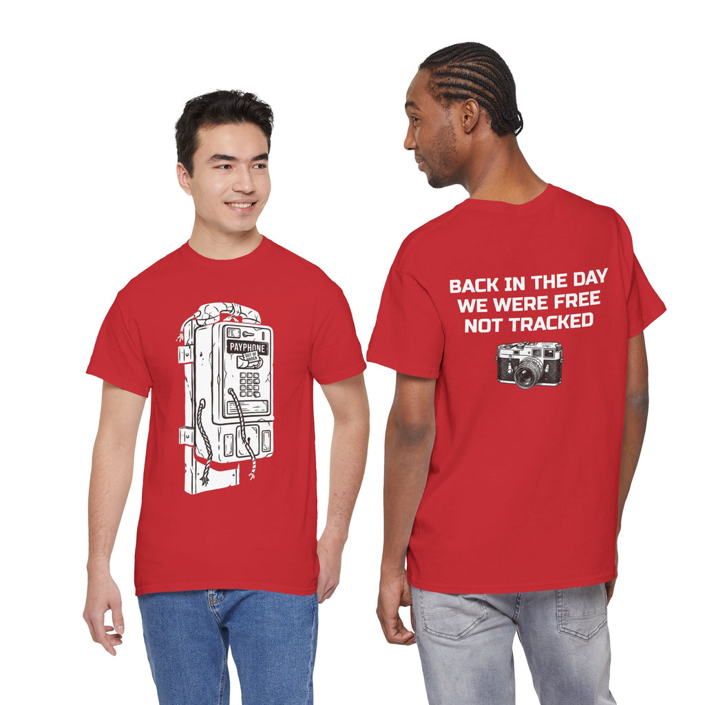 Retro Payphone T‑Shirt — "Back in the Day We Were Free Not Tracked" Vintage Camera Tee