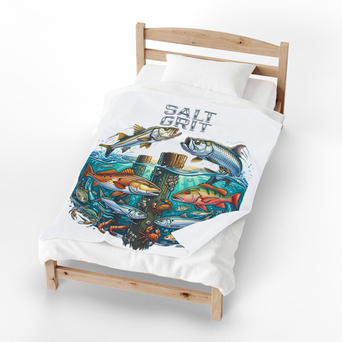 Salt Grit Fishing Plush Blanket - Coastal Fish Art Velveteen Throw