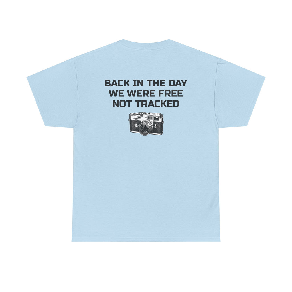 Retro Payphone T‑Shirt — "Back in the Day We Were Free Not Tracked" Vintage Camera Tee