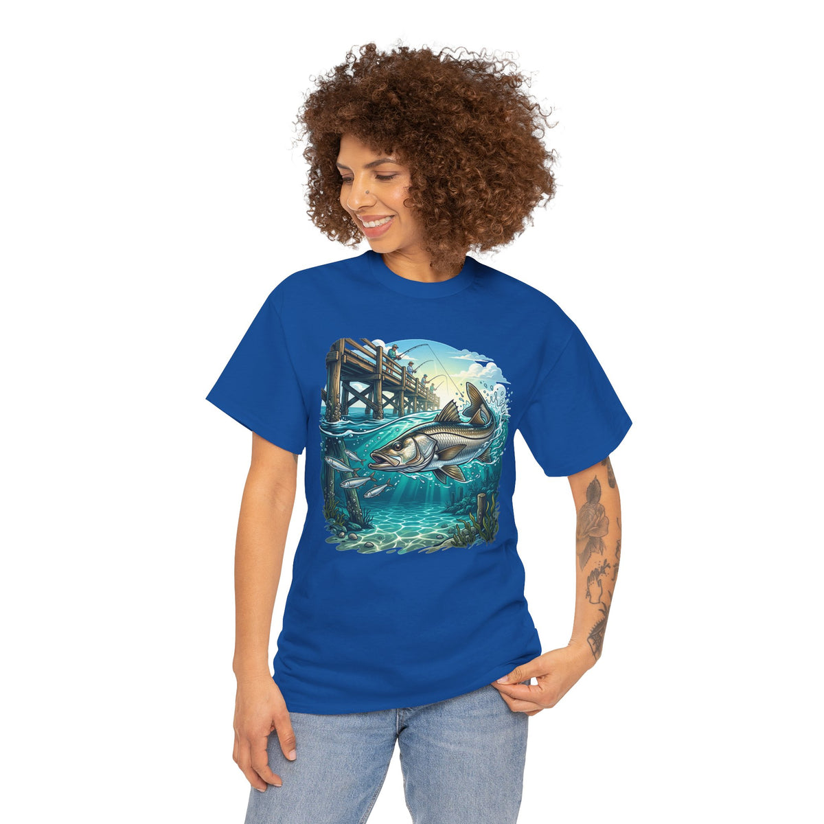 Snook Fishing Tee — Saltwater Pier Scene Graphic Shirt