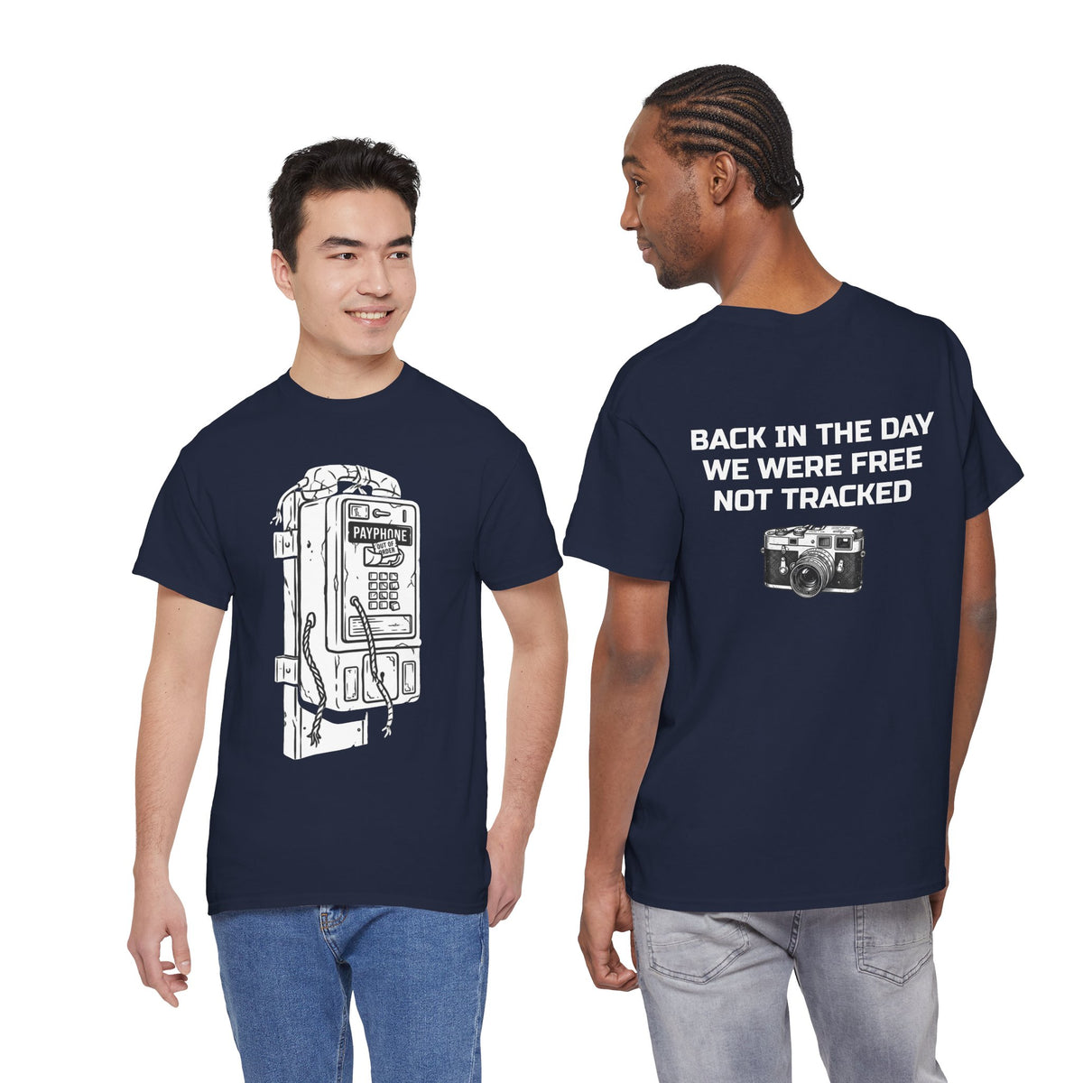 Retro Payphone T‑Shirt — "Back in the Day We Were Free Not Tracked" Vintage Camera Tee