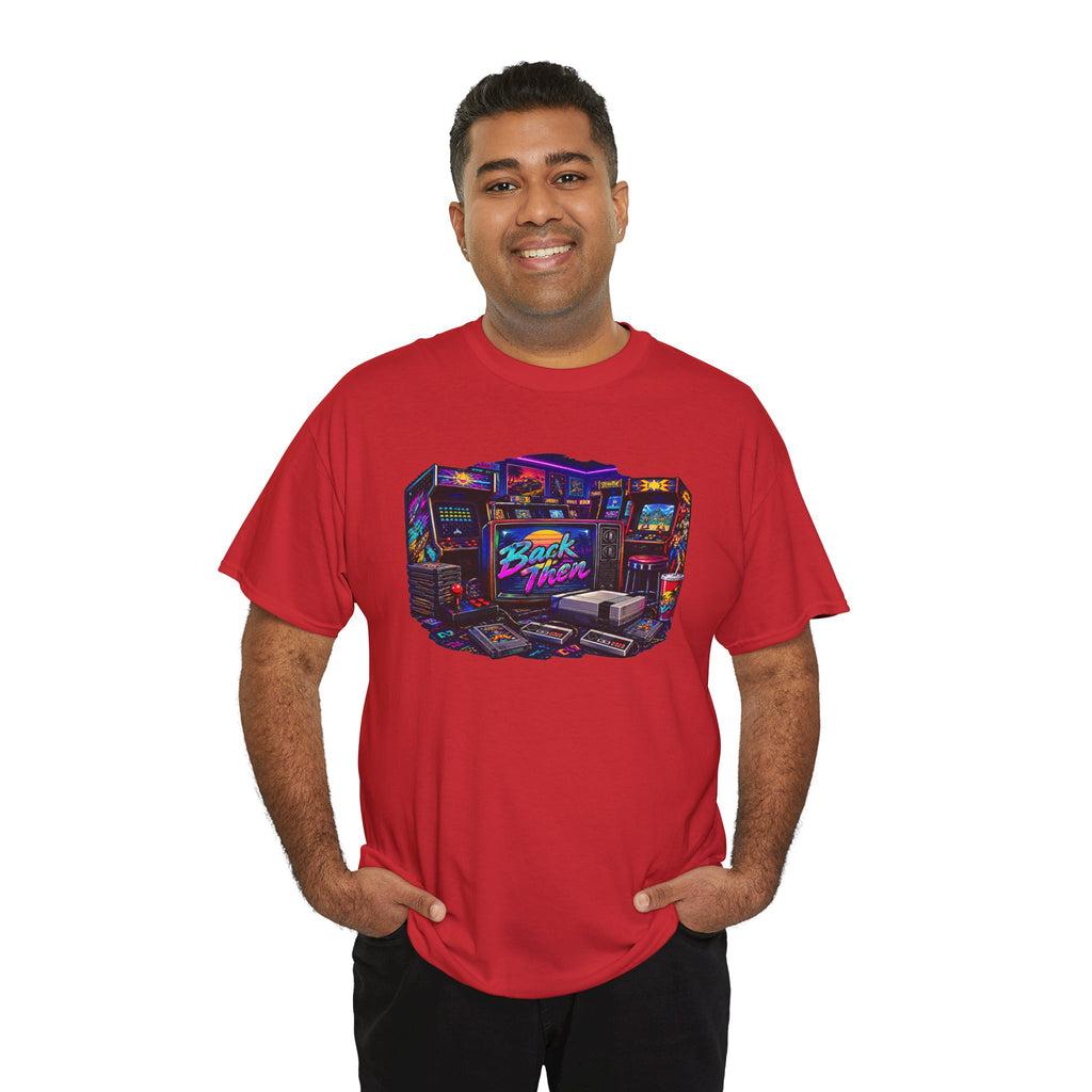 Retro Gaming Tee — Neon 'Back Then' Arcade Room Graphic Shirt