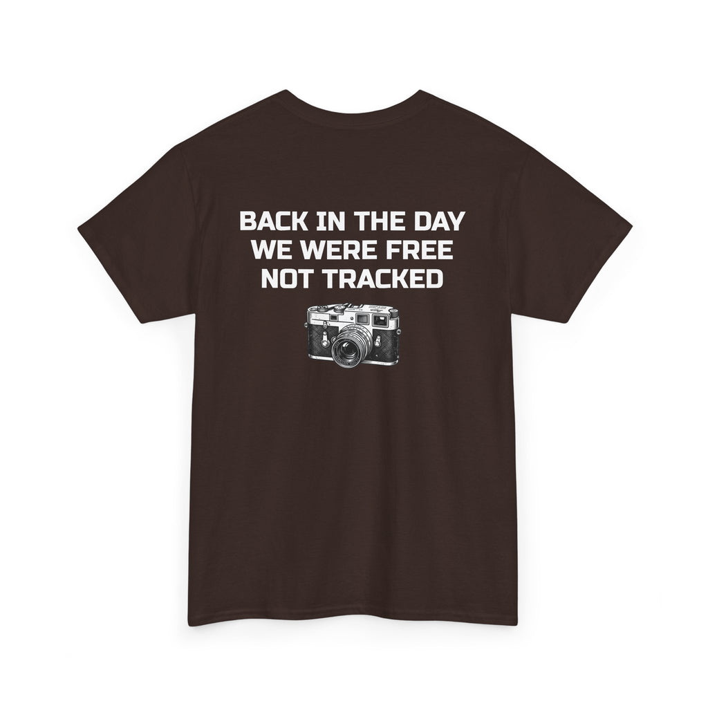 Retro Payphone T‑Shirt — "Back in the Day We Were Free Not Tracked" Vintage Camera Tee
