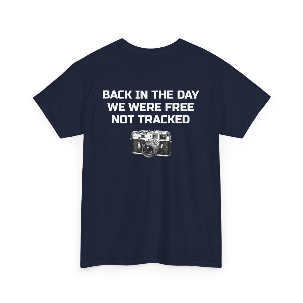 Retro Payphone T‑Shirt — "Back in the Day We Were Free Not Tracked" Vintage Camera Tee