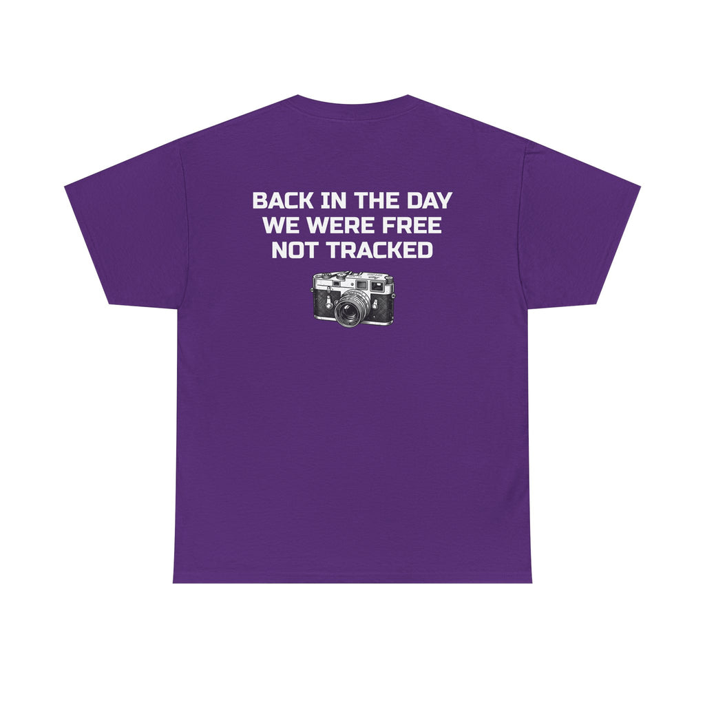 Retro Payphone T‑Shirt — "Back in the Day We Were Free Not Tracked" Vintage Camera Tee