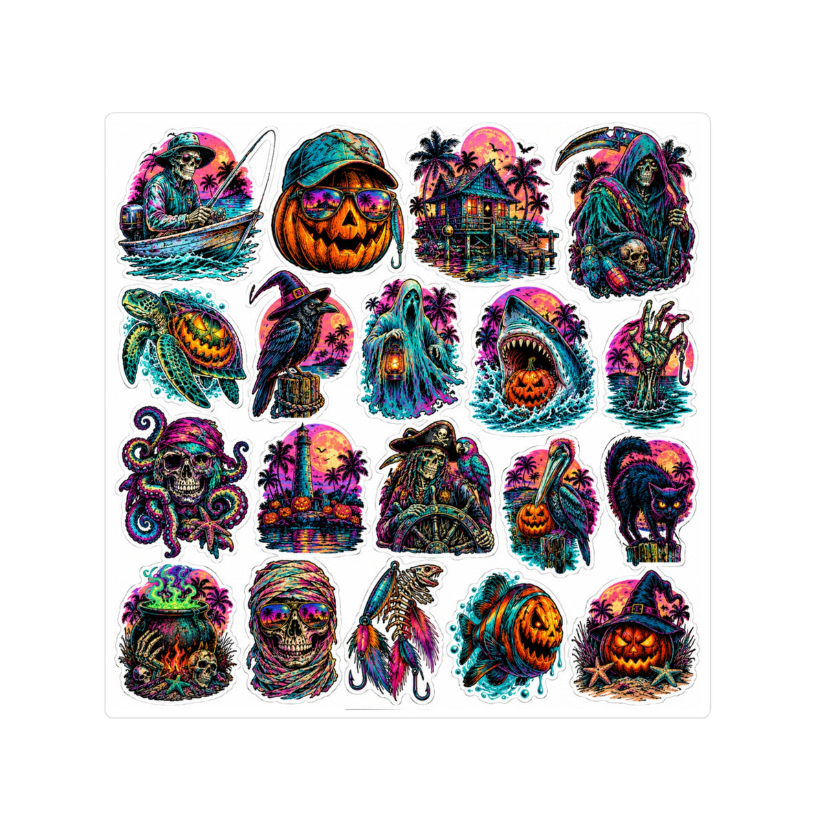 Neon Halloween Vinyl Sticker Sheet — Kiss-Cut Pumpkin, Haunted House & Spooky Icons