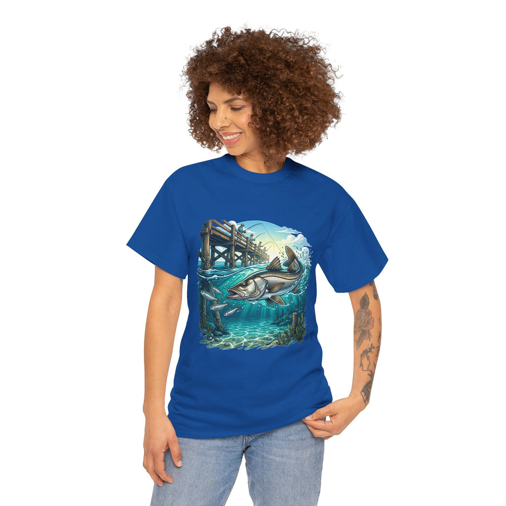 Fishing Tee — 'Real Lines No Digital Grids' Graphic T-Shirt (Salmon & Pier Design)