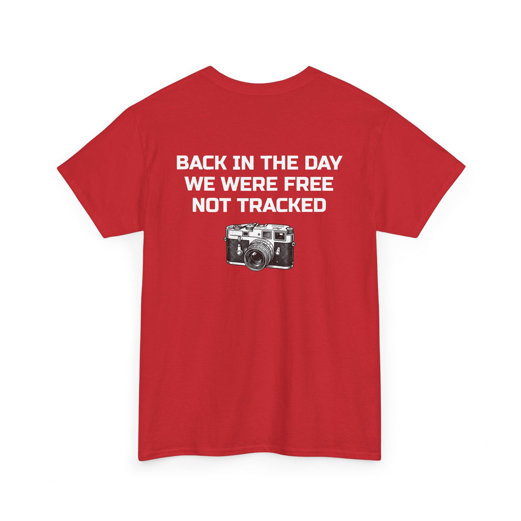 Retro Payphone T‑Shirt — "Back in the Day We Were Free Not Tracked" Vintage Camera Tee