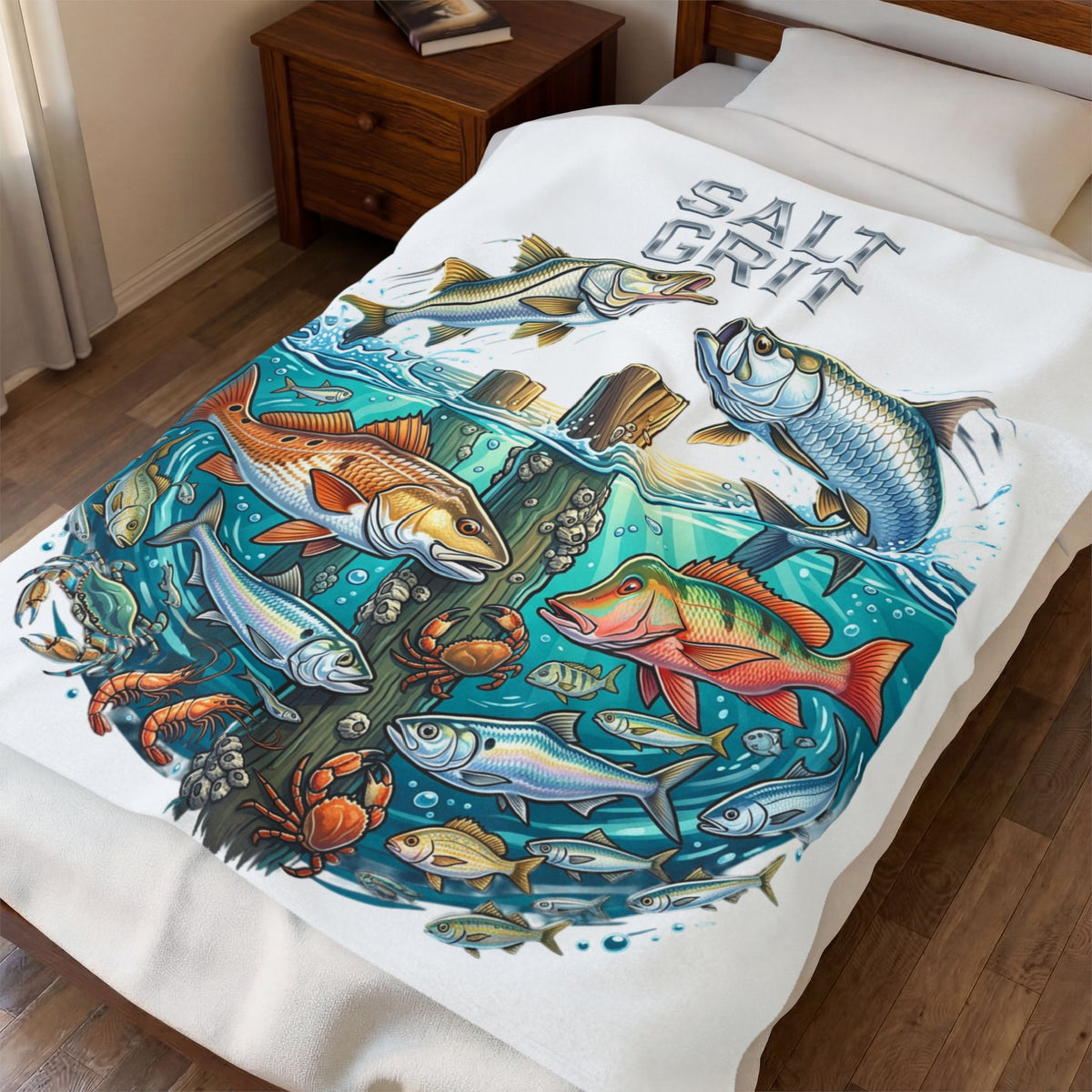 Salt Grit Fishing Plush Blanket - Coastal Fish Art Velveteen Throw