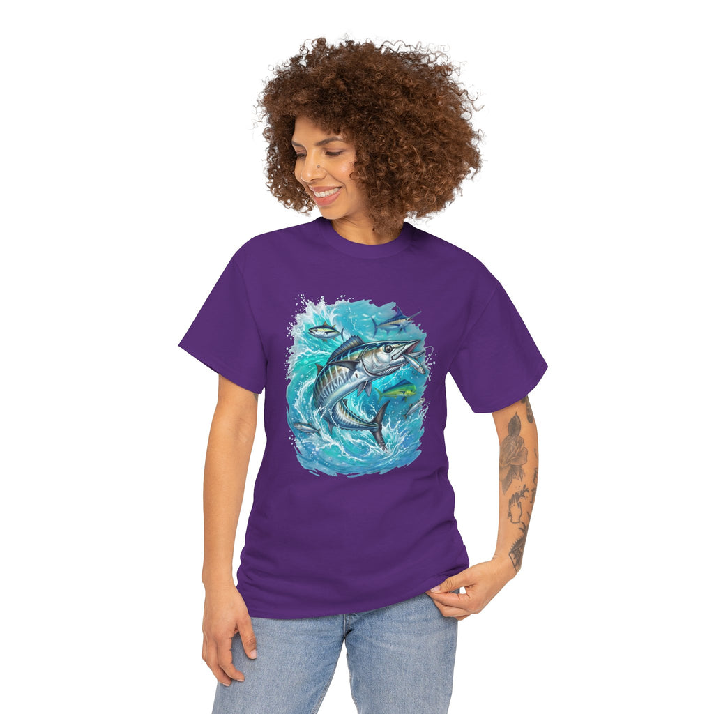 Wahoo Ocean Fishing Tee — Painterly Blue Marlin-Style Graphic