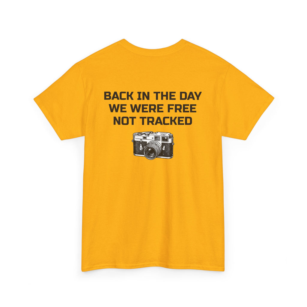 Retro Payphone T‑Shirt — "Back in the Day We Were Free Not Tracked" Vintage Camera Tee