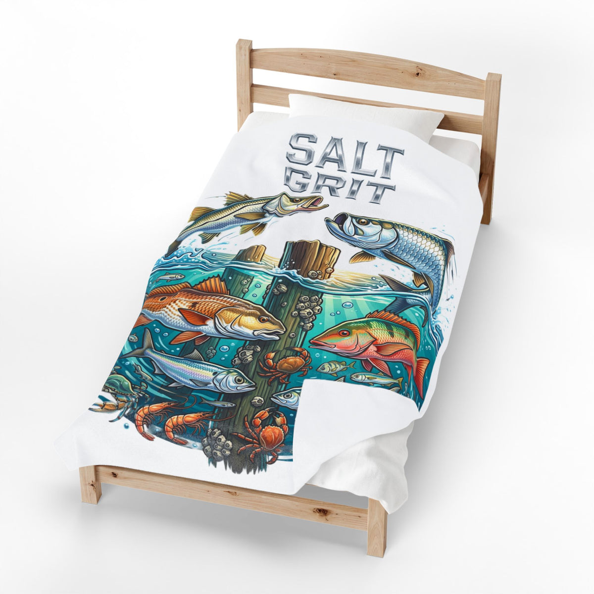 Salt Grit Fishing Plush Blanket - Coastal Fish Art Velveteen Throw