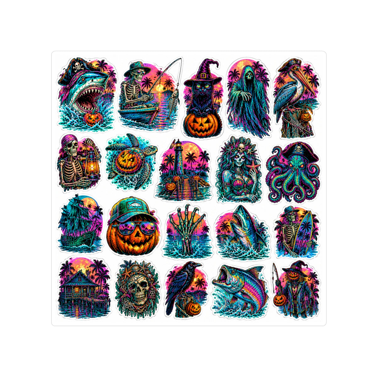 Neon Halloween Sticker Sheet — Kiss-Cut Vinyl Gothic Pumpkins & Spooky Icons