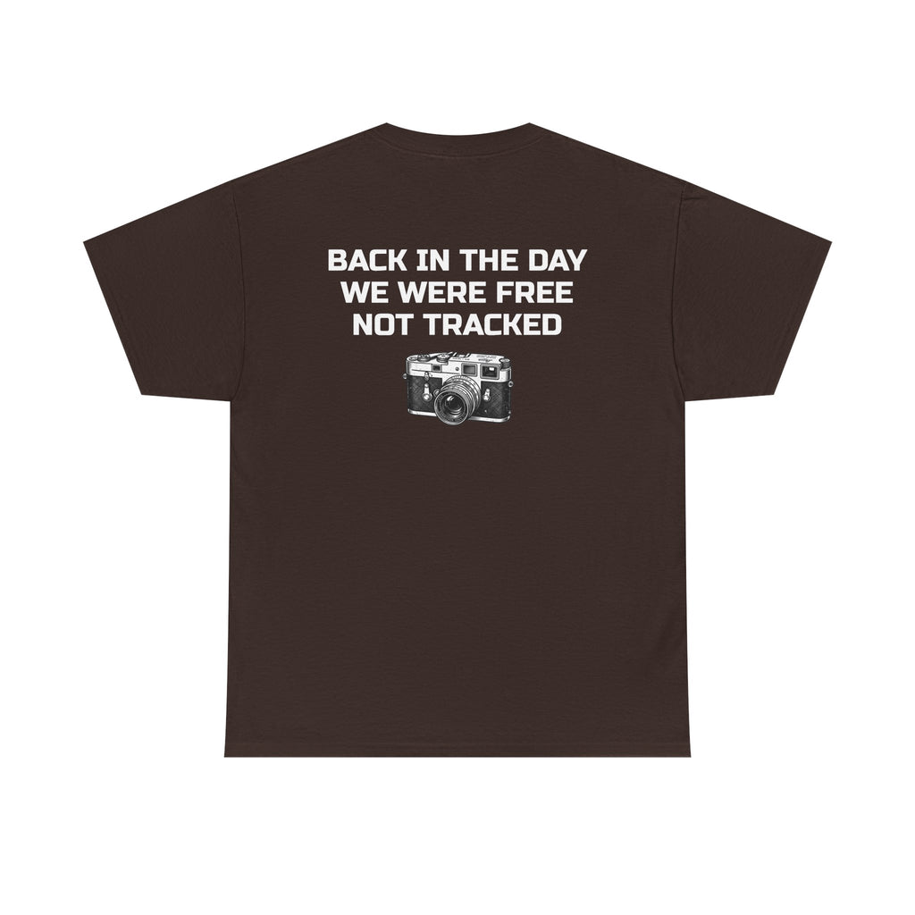 Retro Payphone T‑Shirt — "Back in the Day We Were Free Not Tracked" Vintage Camera Tee