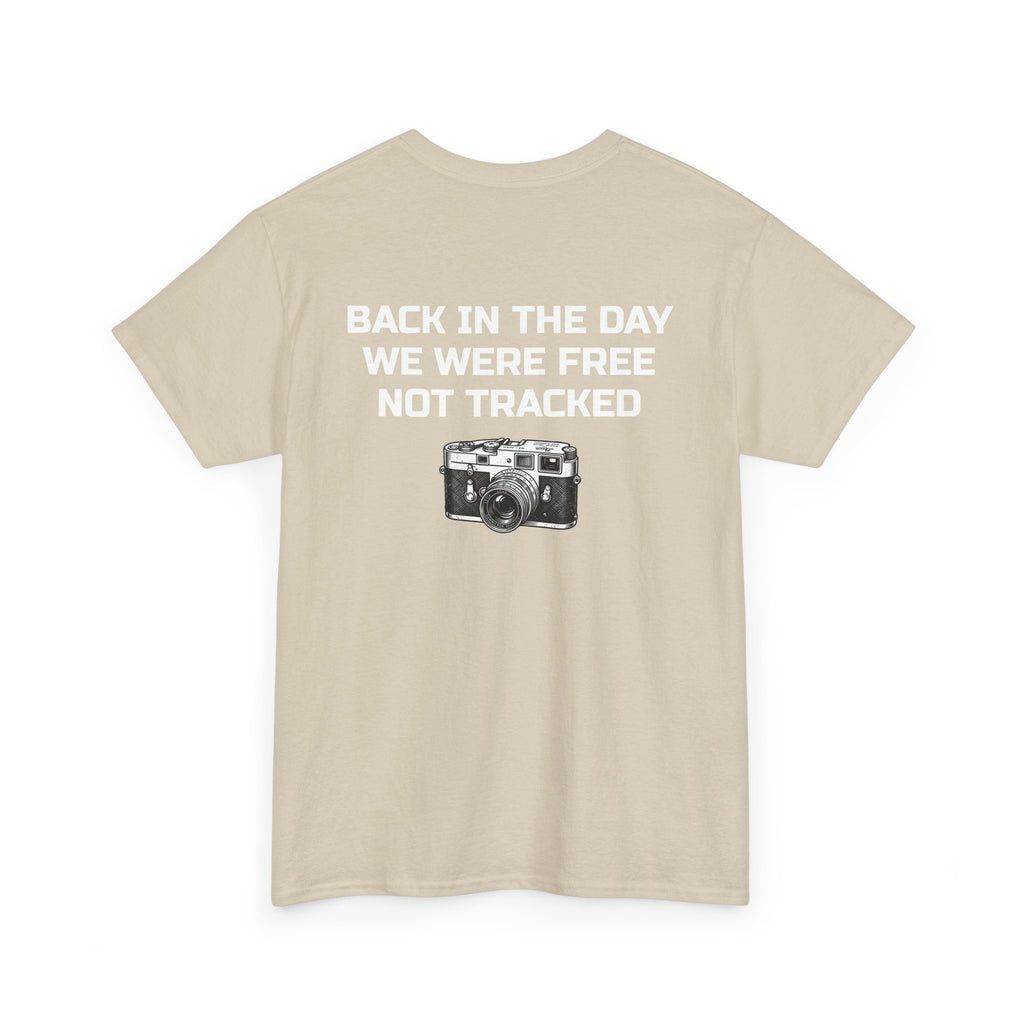 Retro Payphone T‑Shirt — "Back in the Day We Were Free Not Tracked" Vintage Camera Tee