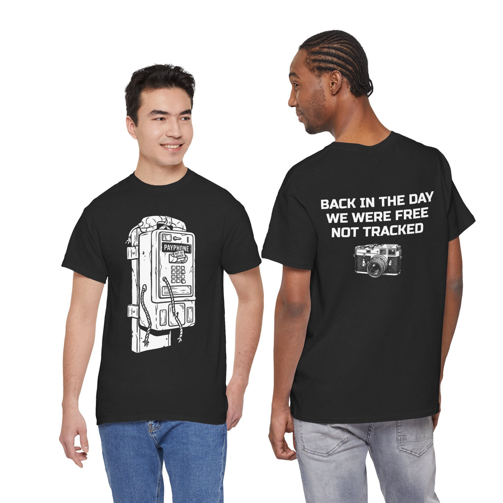 Retro Payphone T‑Shirt — "Back in the Day We Were Free Not Tracked" Vintage Camera Tee