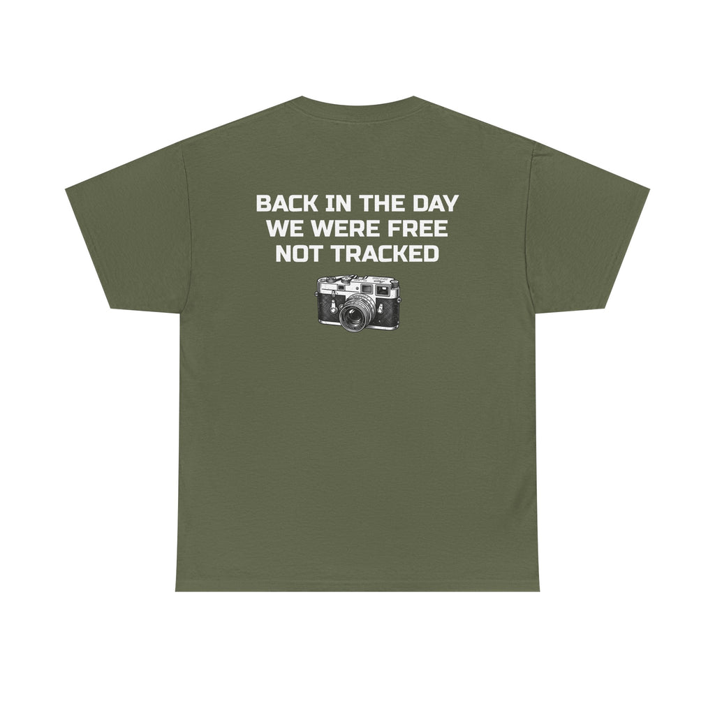 Retro Payphone T‑Shirt — "Back in the Day We Were Free Not Tracked" Vintage Camera Tee