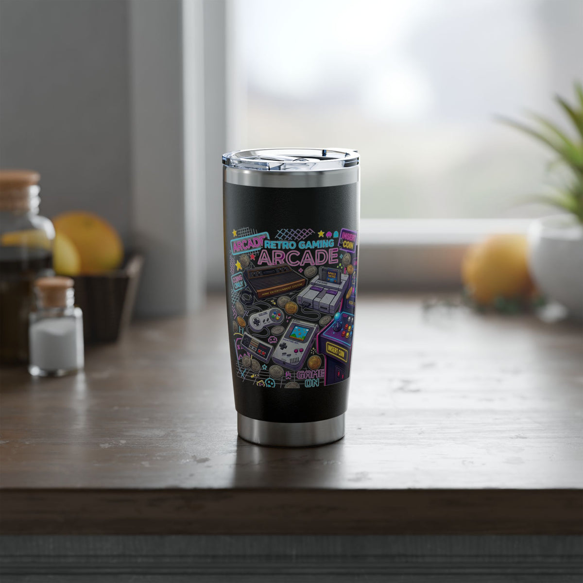Arcade Nights 20oz Tumbler — Retro Gaming Vector Art Travel Cup
