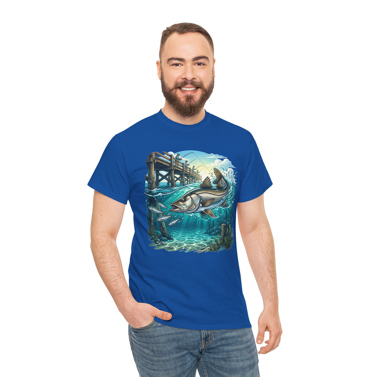 Snook Fishing Tee — Saltwater Pier Scene Graphic Shirt