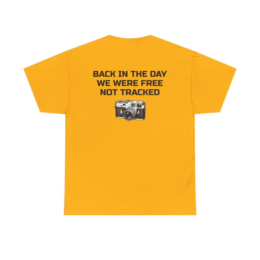 Retro Payphone T‑Shirt — "Back in the Day We Were Free Not Tracked" Vintage Camera Tee
