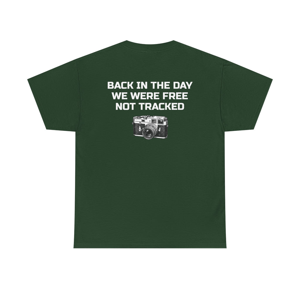 Retro Payphone T‑Shirt — "Back in the Day We Were Free Not Tracked" Vintage Camera Tee