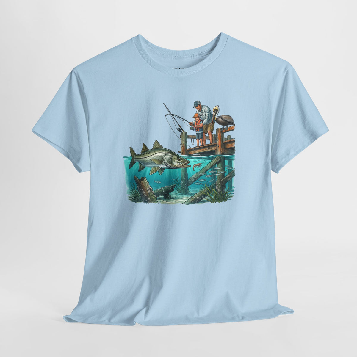 Fishing Dock T‑Shirt — Angler on Pier with Giant Fish Illustration