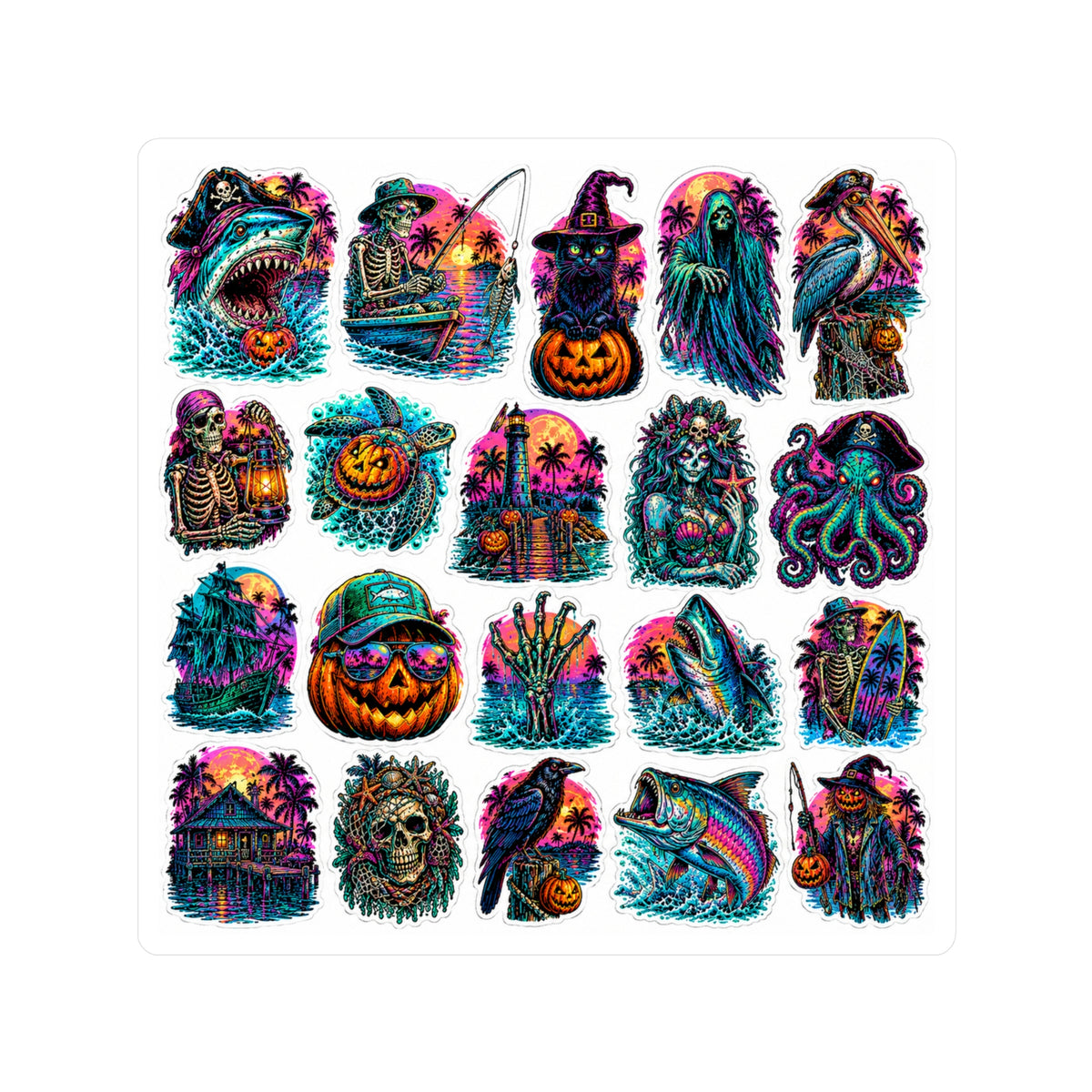 Neon Halloween Sticker Sheet — Kiss-Cut Vinyl Gothic Pumpkins & Spooky Icons