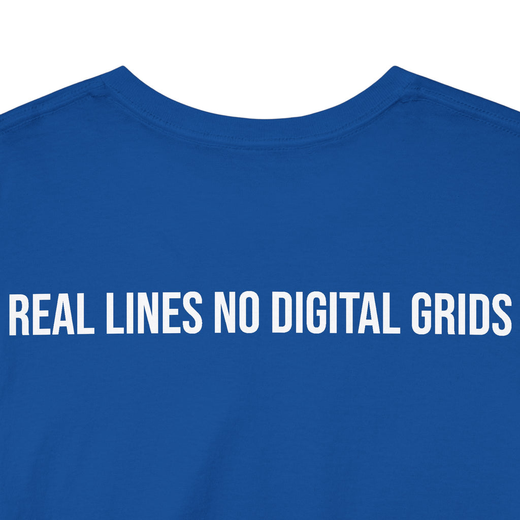 Fishing Tee — 'Real Lines No Digital Grids' Graphic T-Shirt (Salmon & Pier Design)