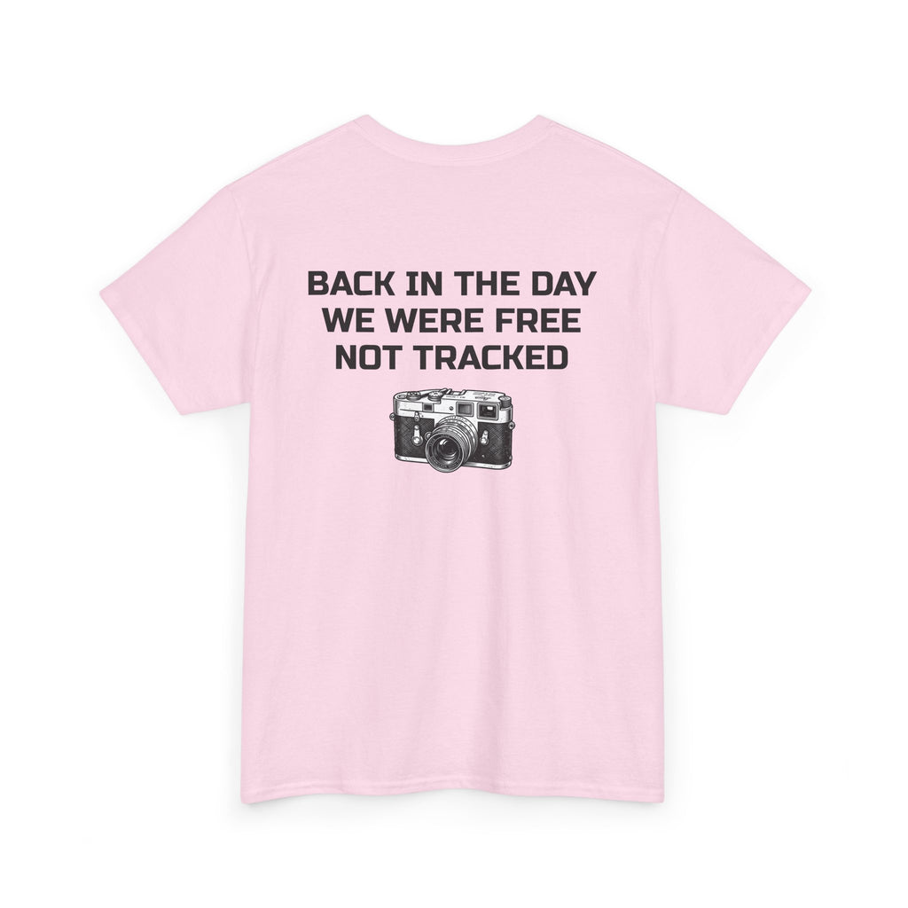Retro Payphone T‑Shirt — "Back in the Day We Were Free Not Tracked" Vintage Camera Tee