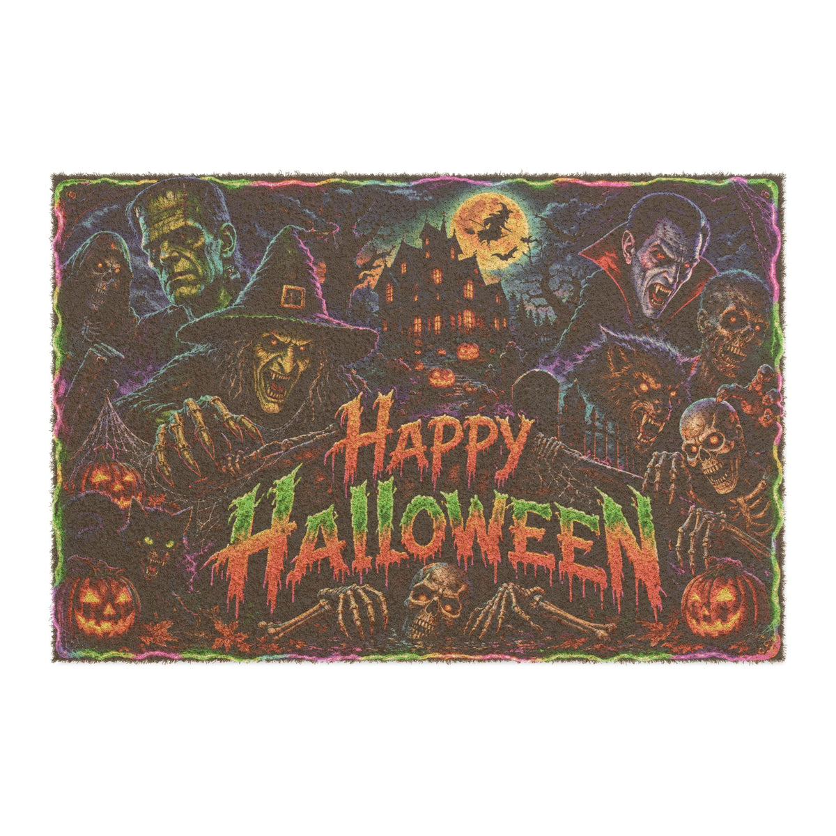 Happy Halloween Doormat — Spooky Haunted House & Monsters Welcome Mat