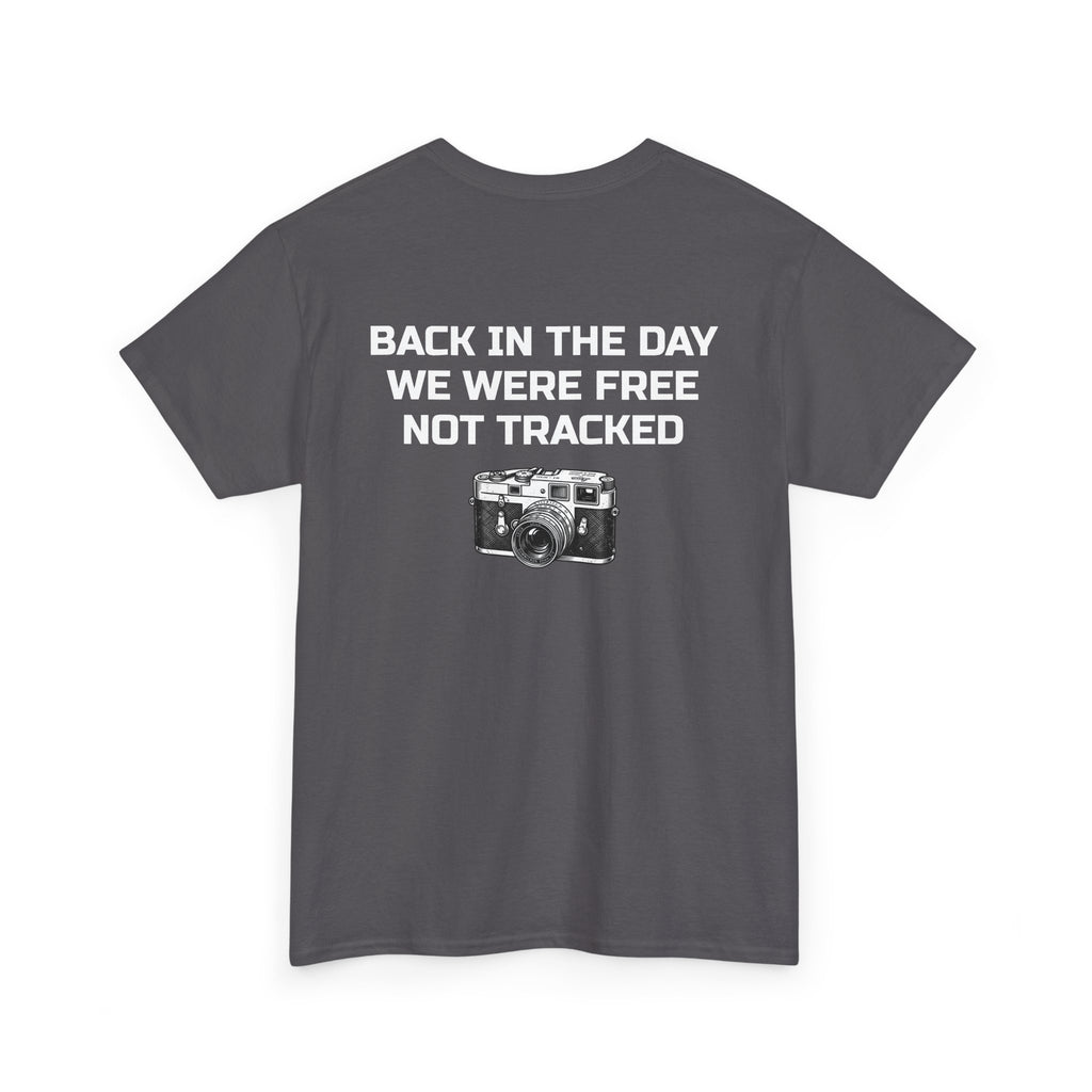 Retro Payphone T‑Shirt — "Back in the Day We Were Free Not Tracked" Vintage Camera Tee