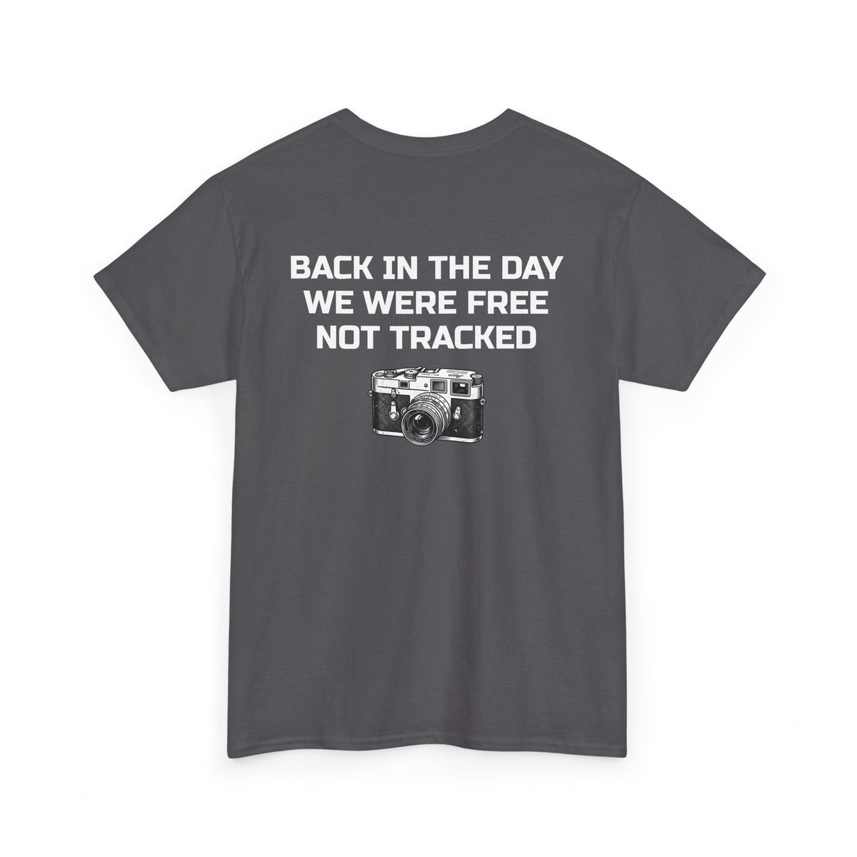 Retro Payphone T‑Shirt — "Back in the Day We Were Free Not Tracked" Vintage Camera Tee