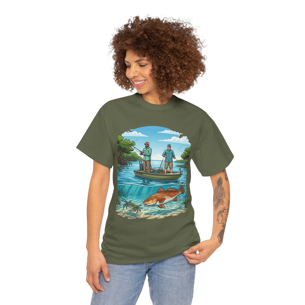 Fishing Tee — "Tracking the Tide, Living the Past" Graphic Shirt