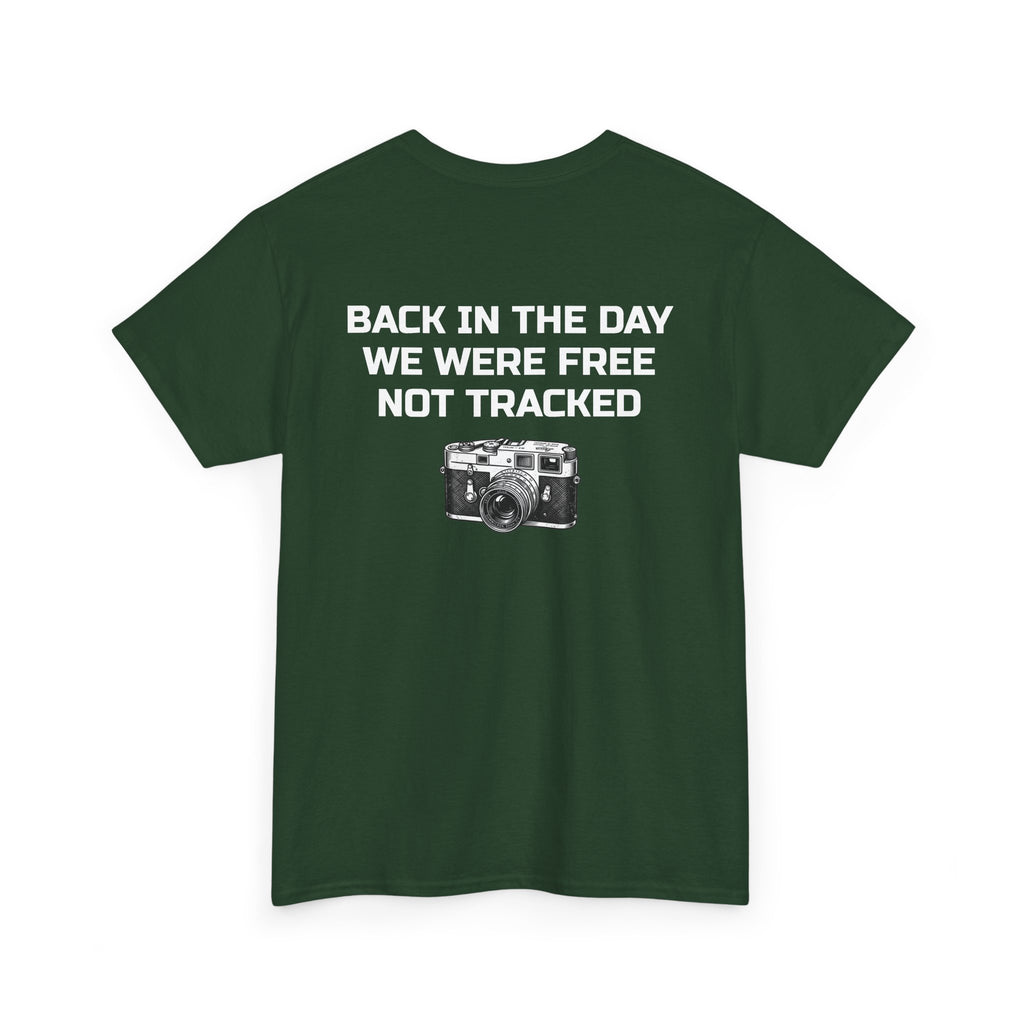 Retro Payphone T‑Shirt — "Back in the Day We Were Free Not Tracked" Vintage Camera Tee