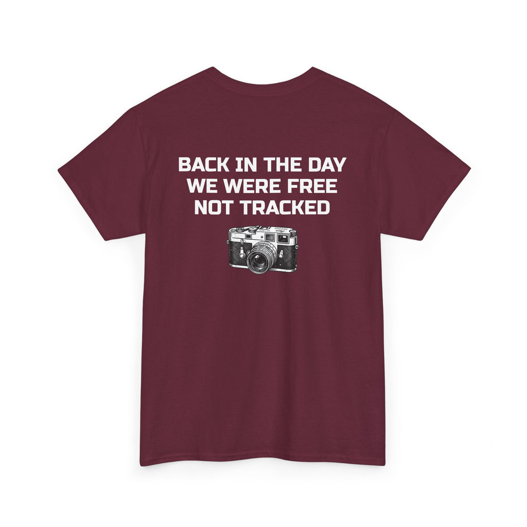 Retro Payphone T‑Shirt — "Back in the Day We Were Free Not Tracked" Vintage Camera Tee