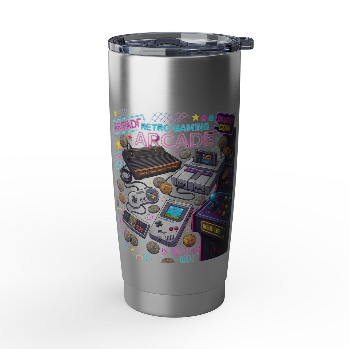 Arcade Nights 20oz Tumbler — Retro Gaming Vector Art Travel Cup