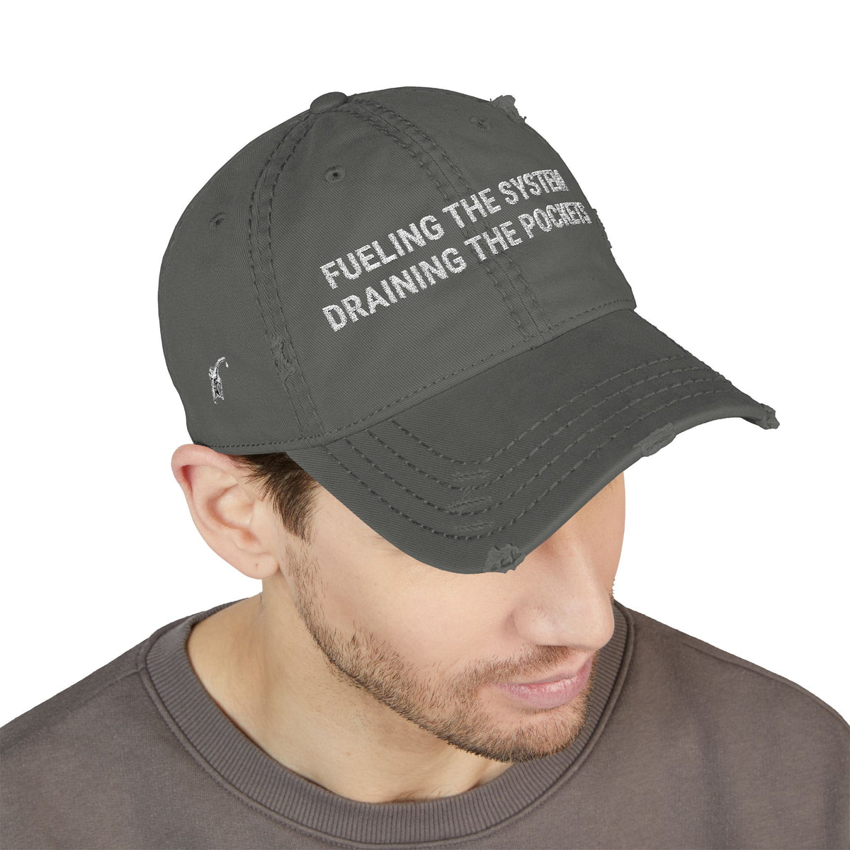 Distressed Dad Hat — "Fueling the System, Draining the Pockets" Embroidered Cap (Est. 2026)
