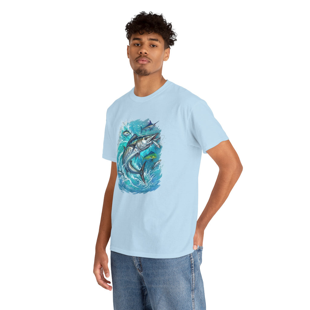 Wahoo Ocean Fishing Tee — Painterly Blue Marlin-Style Graphic