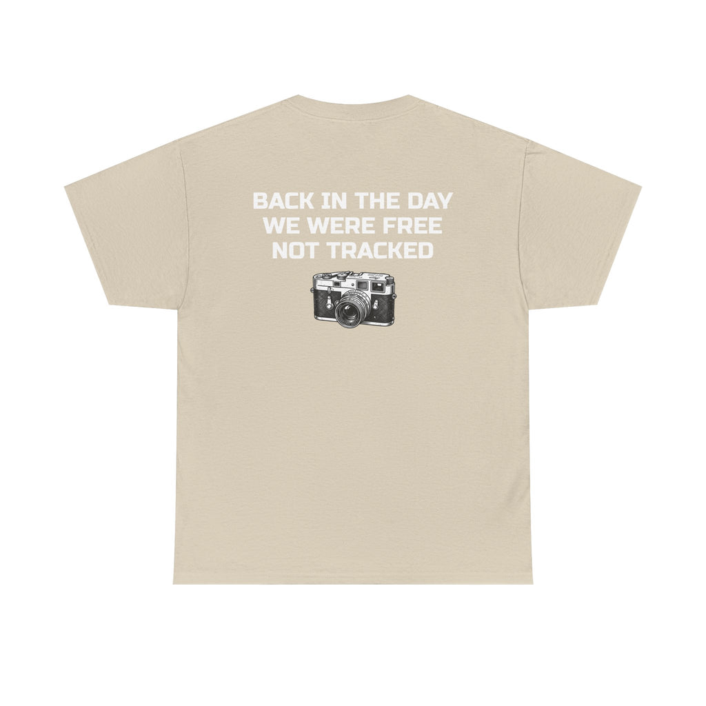 Retro Payphone T‑Shirt — "Back in the Day We Were Free Not Tracked" Vintage Camera Tee