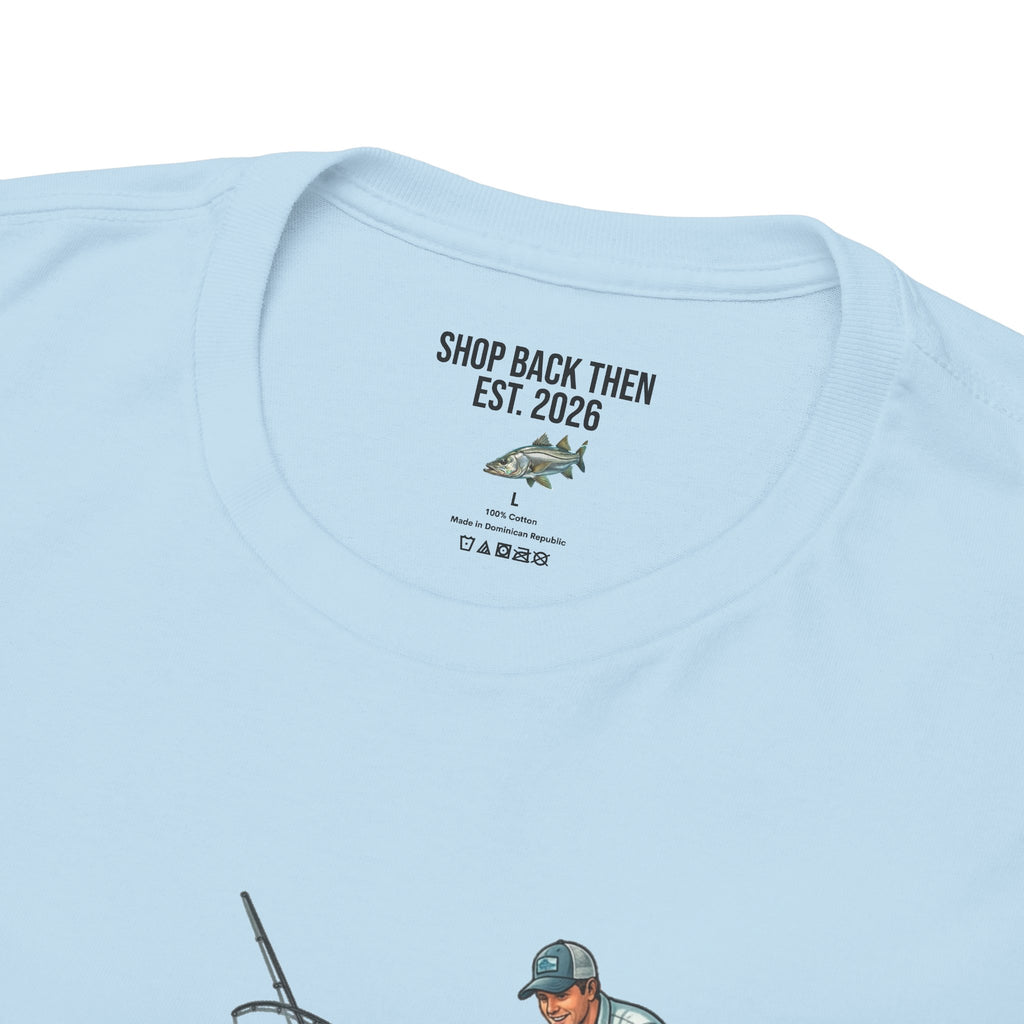 Fishing Dock T‑Shirt — Angler on Pier with Giant Fish Illustration