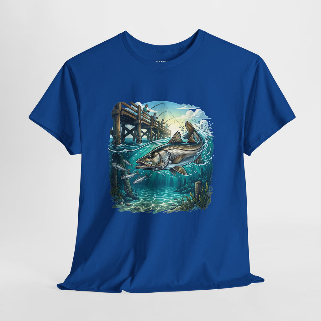 Fishing Tee — 'Real Lines No Digital Grids' Graphic T-Shirt (Salmon & Pier Design)
