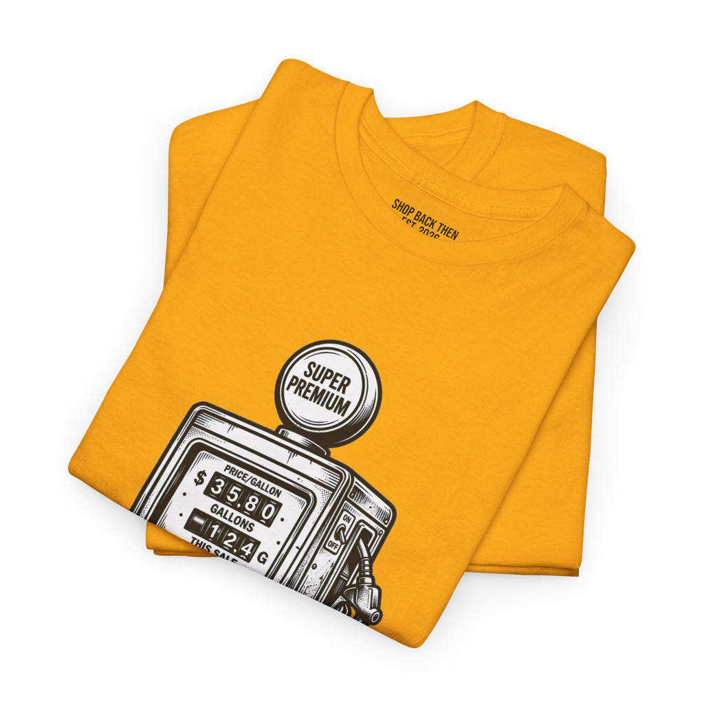 Vintage Gas Pump T-Shirt — “1975 Vintage Series: 36 9/10 A Gallon” Retro Fuel Tee
