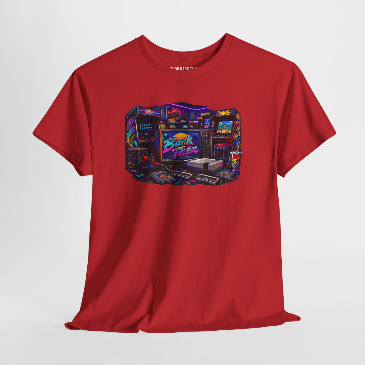 Retro Gaming Tee — Neon 'Back Then' Arcade Room Graphic Shirt