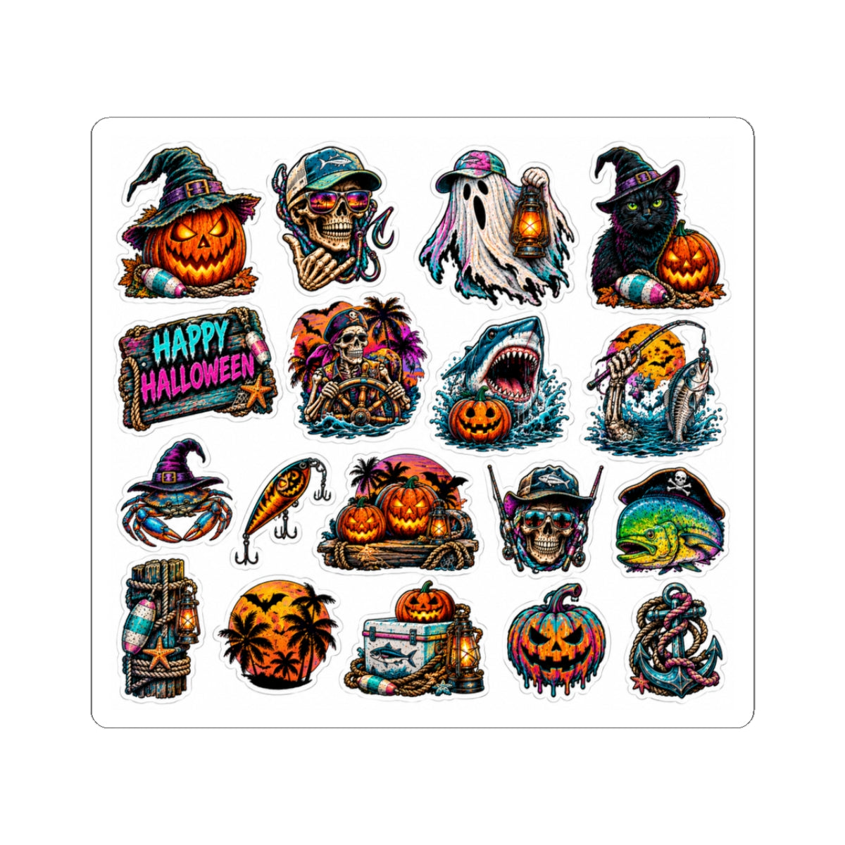 Halloween Sticker Sheet — Kiss-Cut Spooky Pumpkins, Ghosts & Sharks