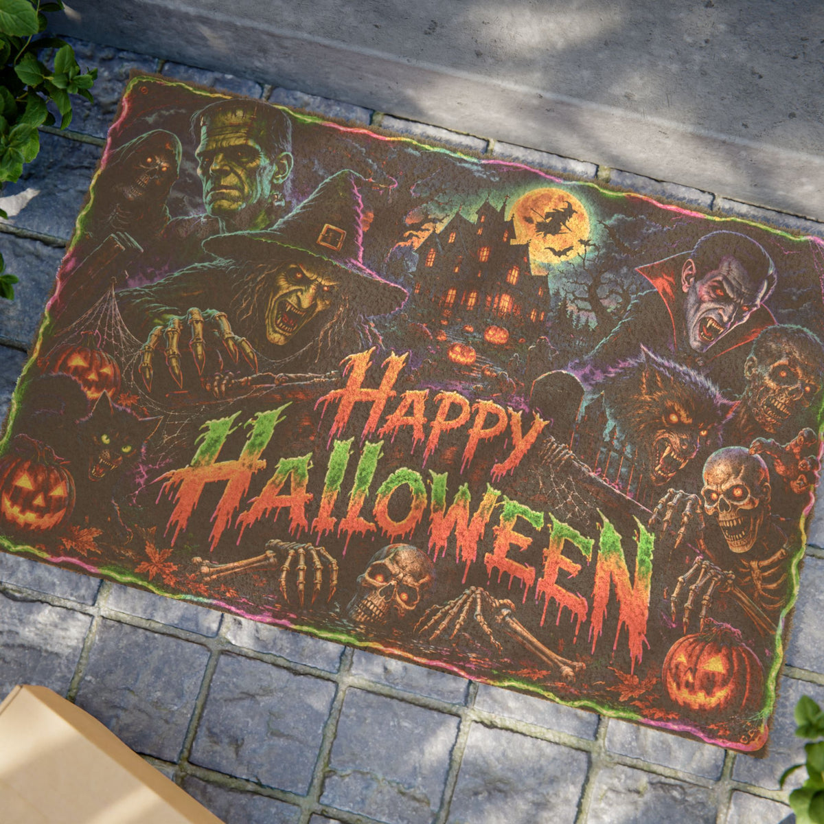 Happy Halloween Doormat — Spooky Haunted House & Monsters Welcome Mat