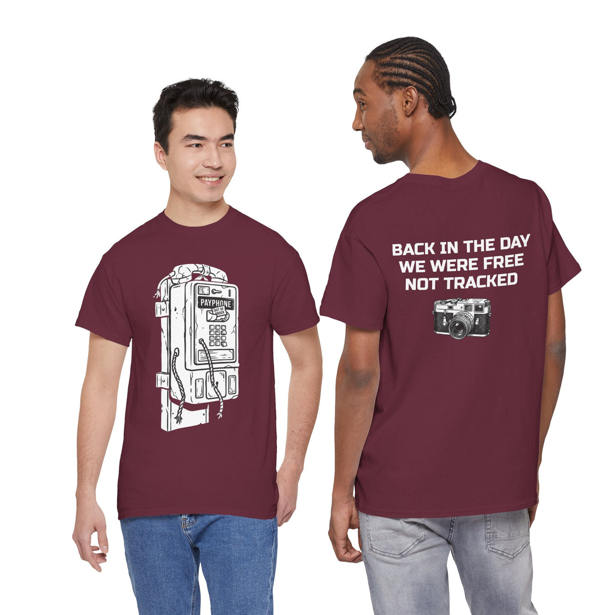 Retro Payphone T‑Shirt — "Back in the Day We Were Free Not Tracked" Vintage Camera Tee